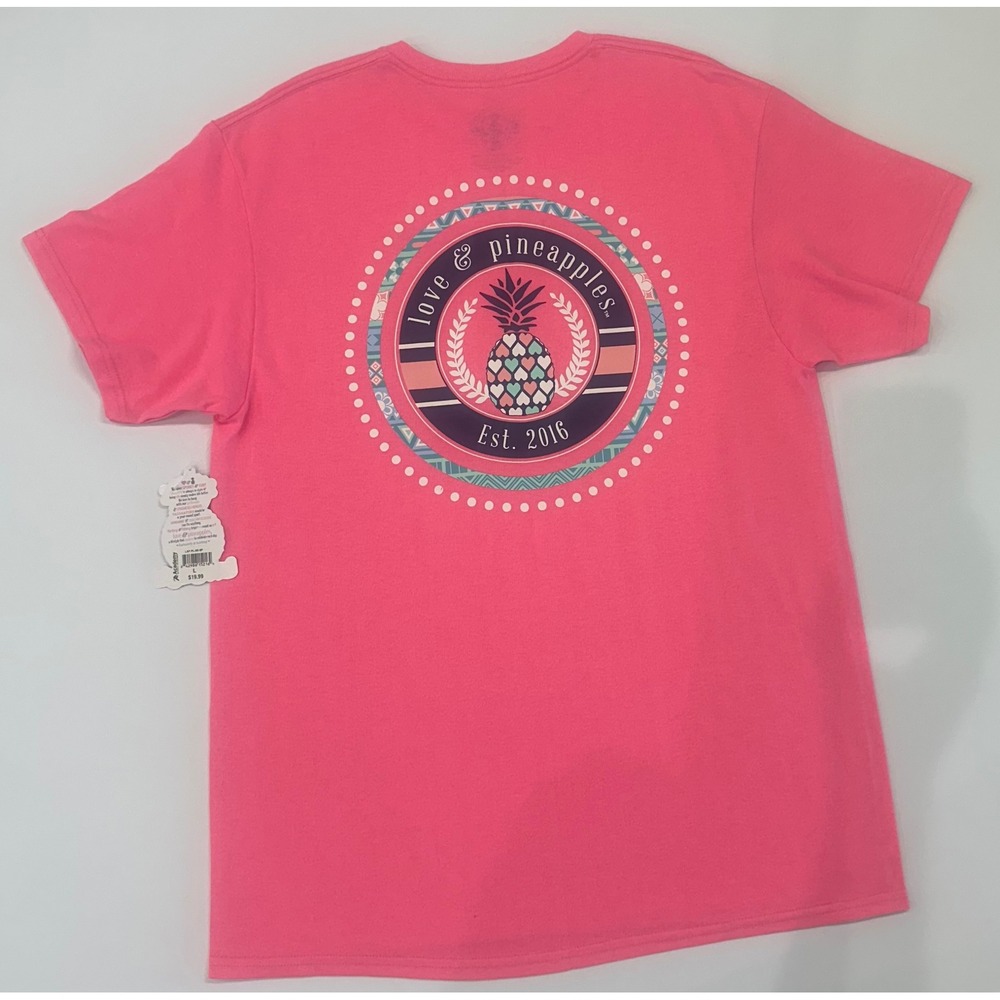 Love & Pineapples Pink Graphic T-Shirt Womens Large Short Sleeve Pineapple Tee